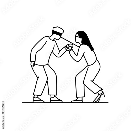 Blindfolded duo playing a game with a cotton swab in a minimalist black and white illustration