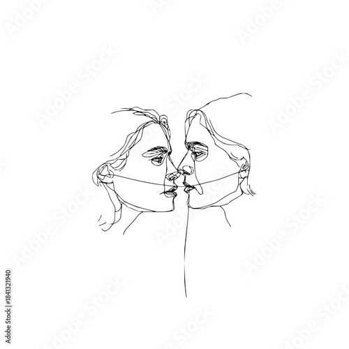 Continuous line drawing of two faces in love looking at each other in black and white style art