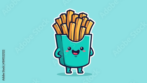 Cartoon illustration of a cheerful box of french fries with a smiling face and small legs, set against a light blue background.