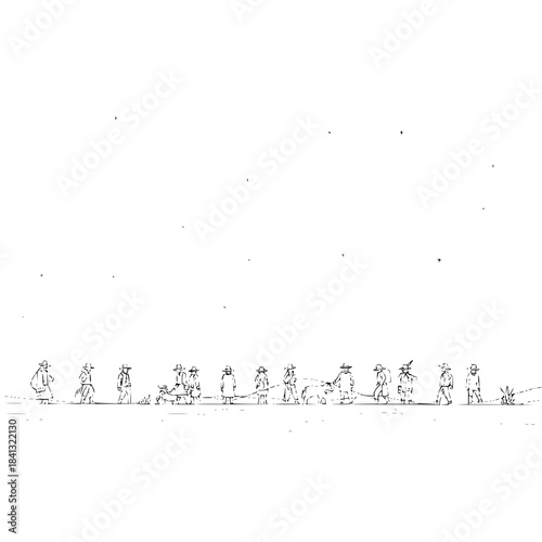 Line art depicting a group of people walking across a barren landscape sketch drawing style