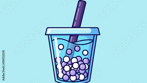 Illustration of a cup of bubble tea with a straw and tapioca pearls.