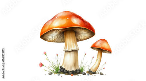 watercolor illustration of two mushrooms, likely a type of Amanita species. 
