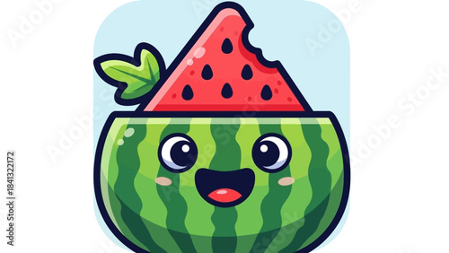 Cartoon watermelon character with a slice on top, smiling with big eyes.