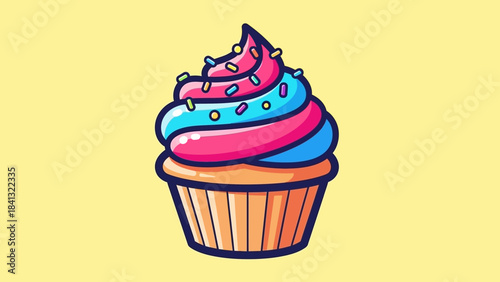 Cartoon illustration of a cupcake with pink and blue frosting and colorful sprinkles on a yellow background.