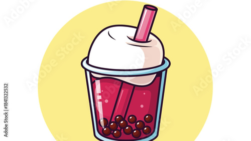 Illustration of a red bubble tea with tapioca pearls, cream, and a pink straw against a yellow background.