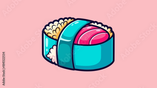 Cartoon illustration of a sushi roll with rice, seaweed, and tuna on a pink background.