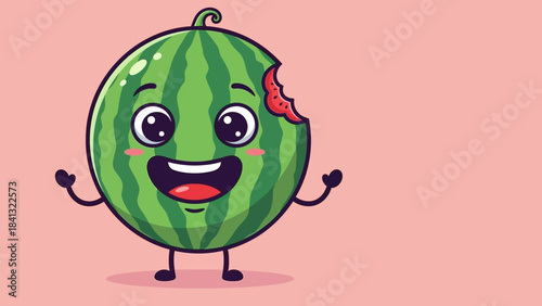 Cartoon watermelon character with a bite taken out of it, smiling and standing on legs.