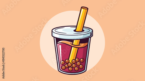 Illustration of a cup of bubble tea with a straw and tapioca pearls.
