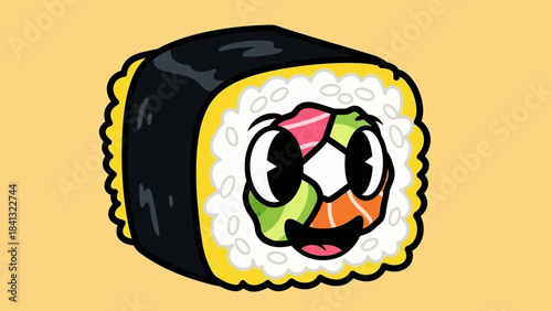Cartoon sushi roll with a face, featuring seaweed, rice, and colorful fillings, set against a yellow background.