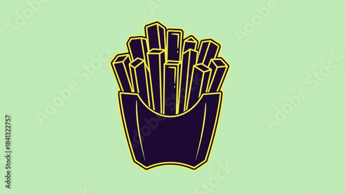 Illustration of french fries in a dark blue container with yellow outline on a light green background.