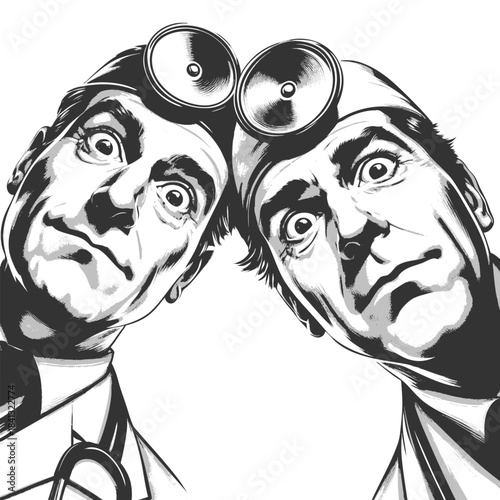 two masked medical professionals peering downward, evoking surgery or emergency context sketch engraving generative ai fictional character vector illustration. Scratch board imitation. Black and white