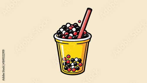 Illustration of a yellow cup filled with boba and a red straw.