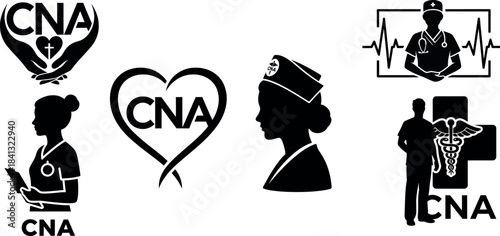 Certified Nursing Assistant (CNA) Silhouette Vector Logo Set: Healthcare Worker, Caregiver, and Medical Assistant Icons. Professional Design Collection for Nursing & Clinic Branding.