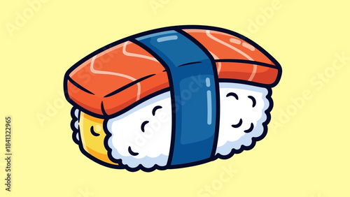 Cartoon drawing of a piece of salmon nigiri sushi with rice and nori seaweed on a yellow background.