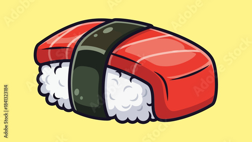 Illustration of a piece of salmon nigiri sushi with rice and nori seaweed on a yellow background.