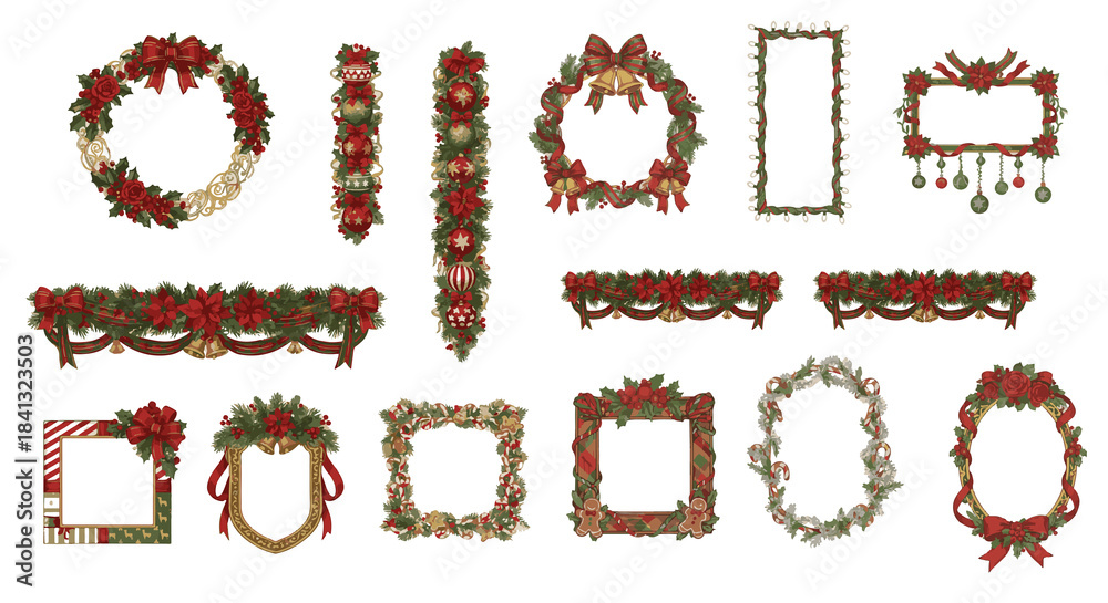 Naklejka premium Festive Holiday Frame Collection, Sketchy Garland and Wreath Design Elements.