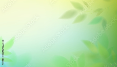 A soft green gradient spring background with turquoise pastel tones. Abstract leaf blur effect, smooth mesh texture, fresh nature backdrop, glow of summer sunlight, botanical vector illustration