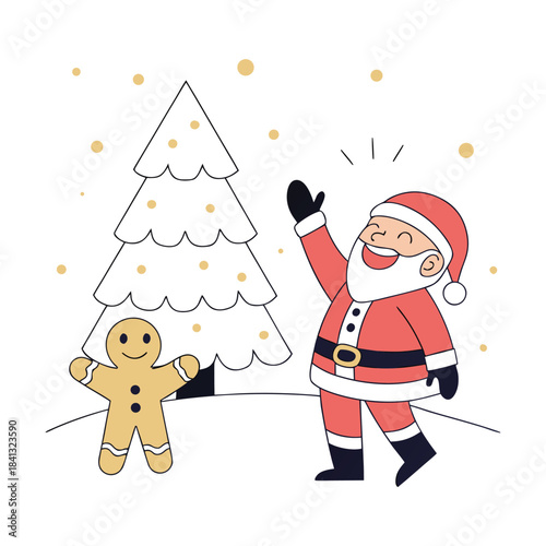 A cheerful cartoon santa claus and a gingerbread man standing next to a christmas tree on a with festive decorations and a joyful atmosphere during the holiday season