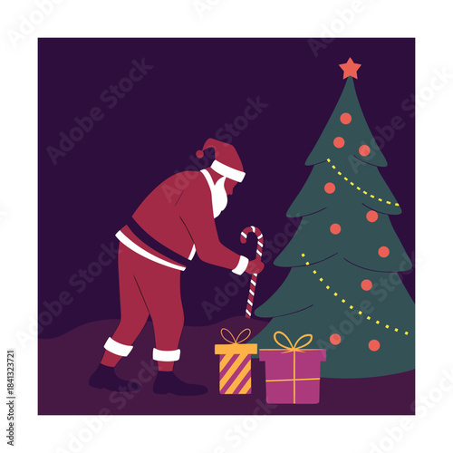 Santa claus decorating a christmas tree with presents on the floor at night with candy cane