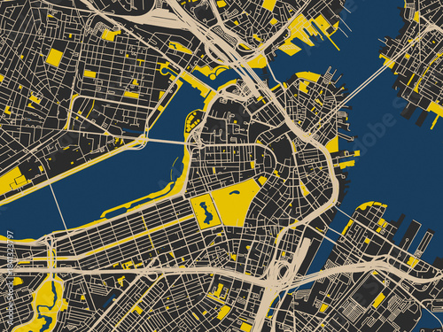 Obraz na plátne Urban map of Boston Center, Massachusetts in a dark flat palette: near-black map