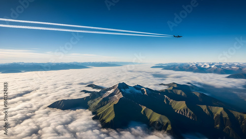 Aerial view above clouds with airplane leaving contrails below