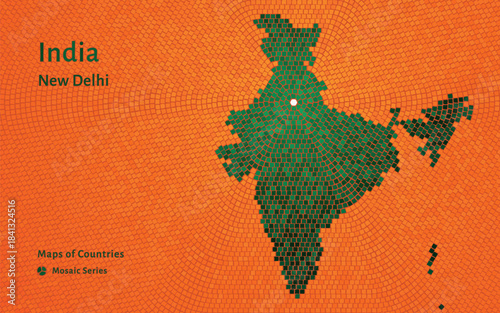 India Hexagon Mosaic Map in Flag Colors with New Delhi Capital. Glossy Luxury