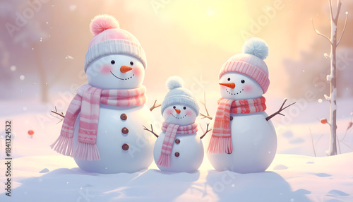 Snowman family wearing knit hats and scarves in snowy field at golden sunset smiling warmly