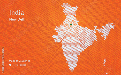 India Hexagon Mosaic Map in Flag Colors with New Delhi Capital. Glossy Luxury