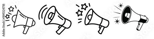 four megaphone icons with stars and sound waves bullhorn 