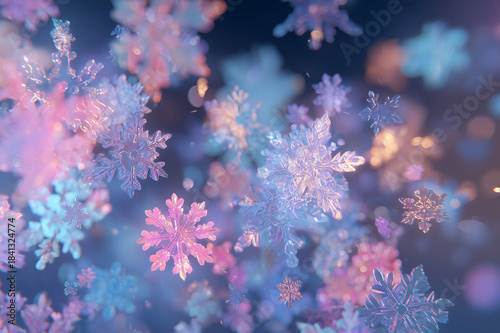 Snowflake snow winter crystal macro bokeh ice frost glitter closeup of delicate frozen crystals with soft pastel lighting and shallow depth of field creating a festive texture scene