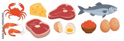 assortment of proteinrich foods fish meat eggs seafood 
