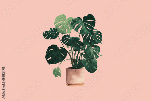 Monstera plant potted green leaves indoor tropical decor on pink background, houseplant styling and botanical foliage in ceramic planter for modern home interior art