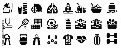glyph icons including mask fat yoga lungs lemon tennis