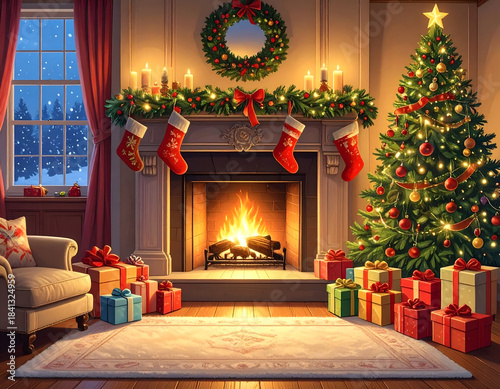 Cozy fireplace christmas living room wreath stockings decorated tree presents