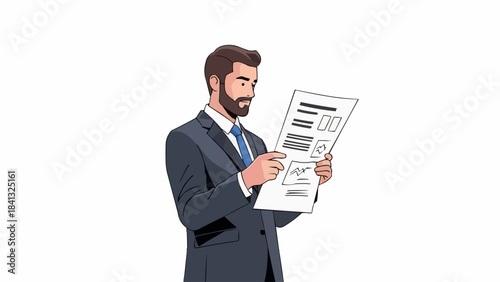 Businessman Focused on Reading Important Document Carefully.