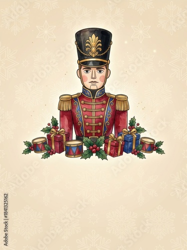 Nutcracker Christmas greeting invitation card, holidays, cute santa, illustration message card