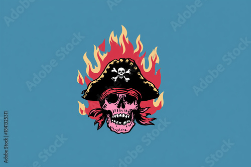 Pirate skull flames hat bandana fire illustration tattoo emblem horror design on blue background vintage graphic of burning pirate skull with bandana and tattered hat artwork