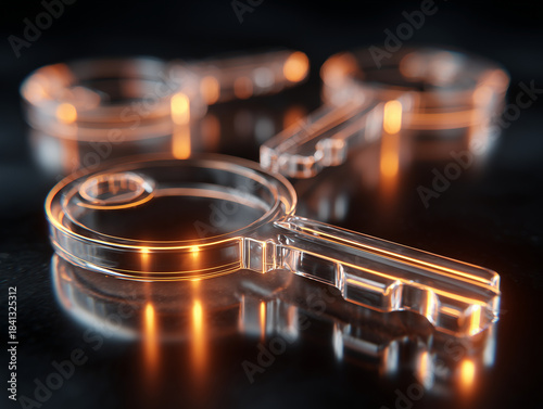 key, glass, transparency, reflection, amber, closeup, transparent glass key on dark reflective surface with warm glowing light modern luxury concept security