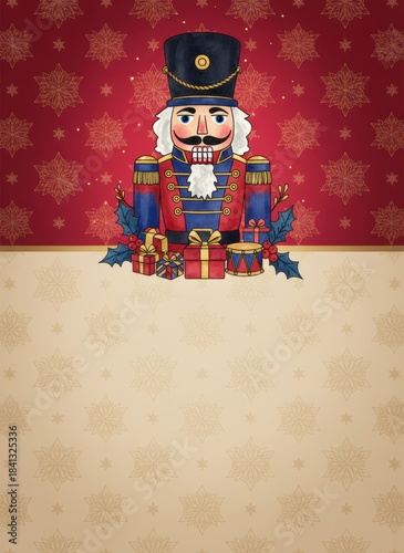 Nutcracker Christmas greeting invitation card, holidays, cute santa, illustration message card