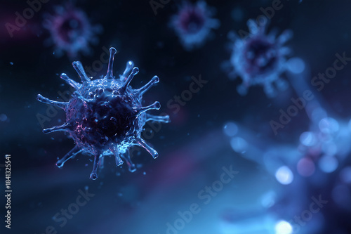 Virus, pathogen, infection, microscopic, biology, cellular, medical, pandemic 3d render of viral particle with spikes closeup science image for research and health