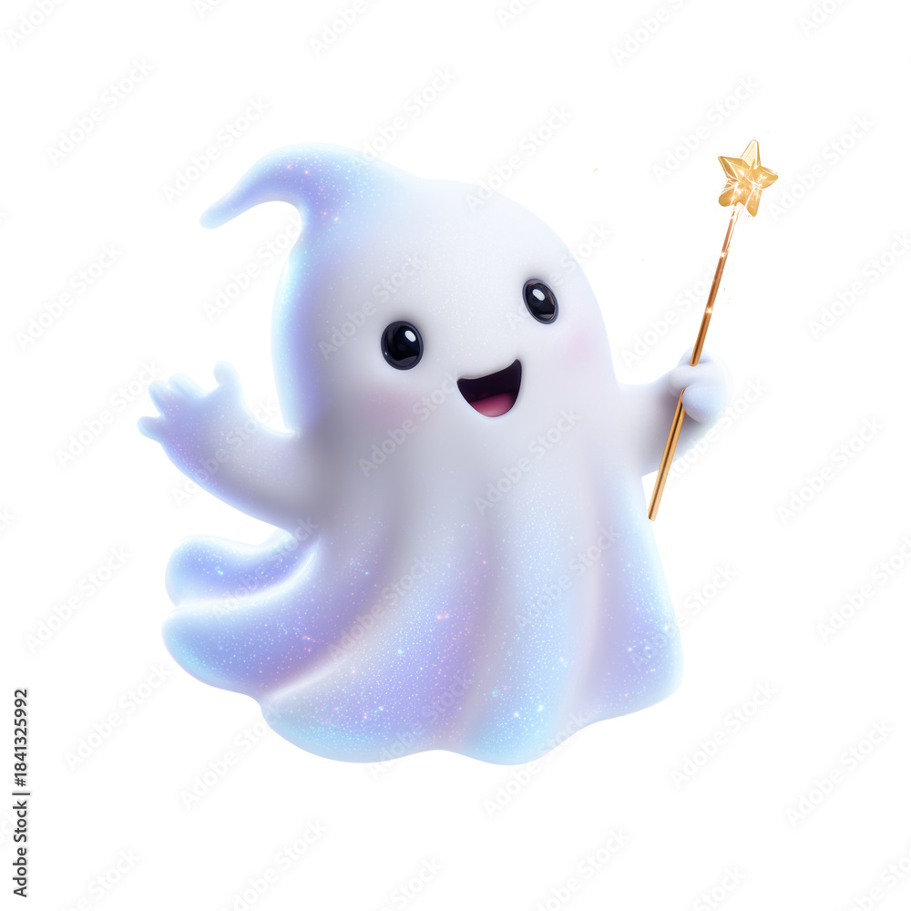 Obraz premium Adorable cartoon ghost character holding a magical star wand smiling joyfully isolated on transparent background