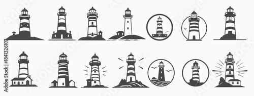 lighthouse silhouette icons set logo black beacon light