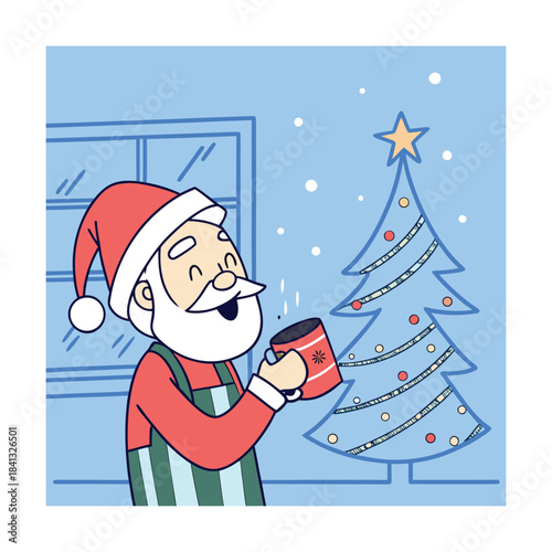A cheerful cartoon santa claus in a red shirt and green apron holding a mug next to a decorated christmas tree on a snowy night