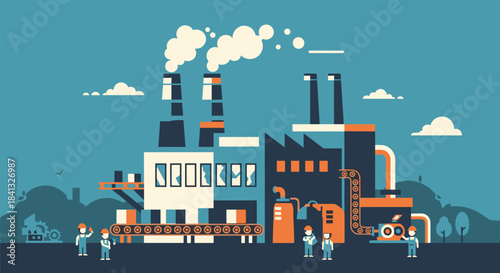 Industrial factory complex illustration with workers and conveyor belts symbolizing manufacturing and labor