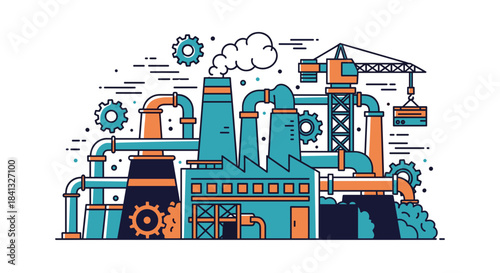 Industrial factory structure with pipes gears smokestacks and crane Production and engineering concept