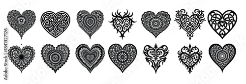 Collection of black ornamental heart shapes and designs