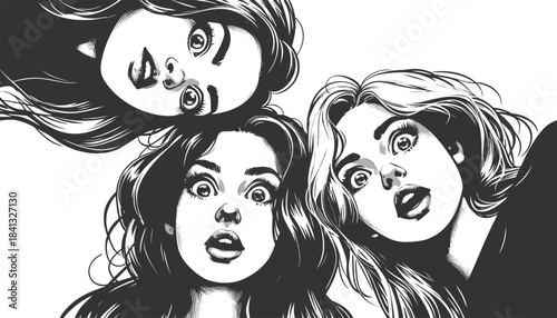 shocked women peering downward, conveying surprise, curiosity, or discovery in a dramatic comic style sketch engraving generative ai vector illustration. Scratch board. Black and white image.