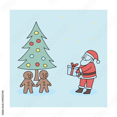 Santa claus bringing gifts to gingerbread men by a decorated christmas tree on a light blue background