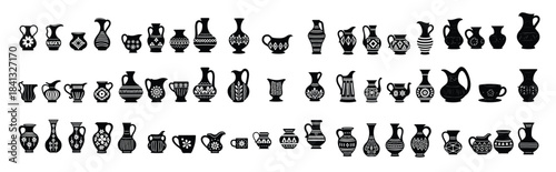 Collection of Black Silhouette Ceramic Vases and Jugs with Patterns