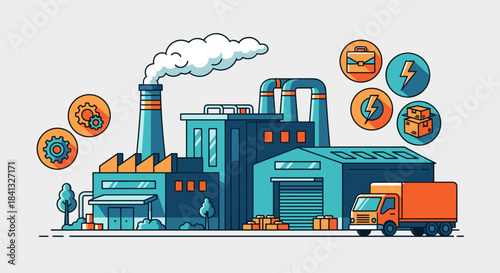 Manufacturing factory and logistics truck illustration Industry production energy and supply chain concept